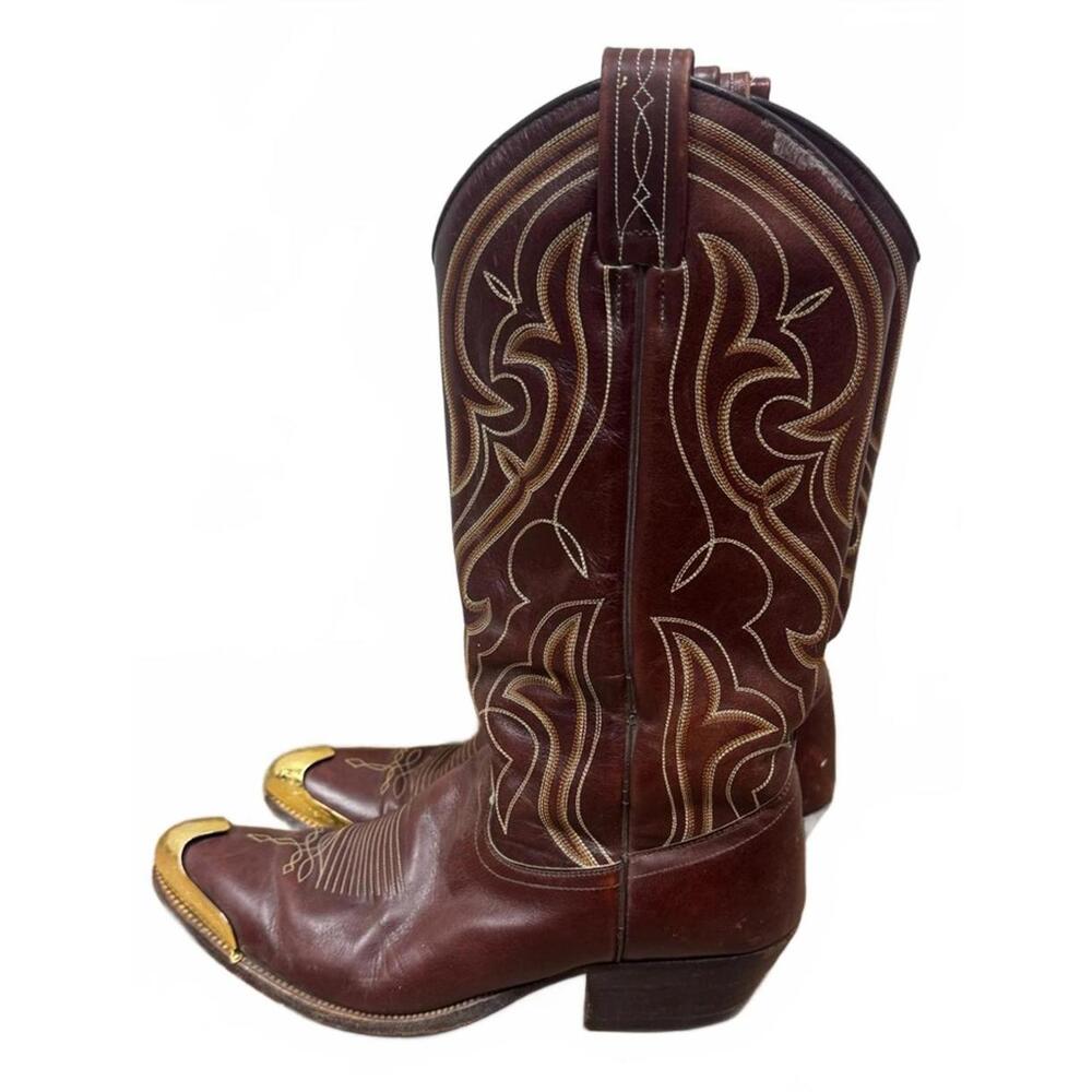 Vintage Dan Post Cordovan Brown Leather Cowboy Boots with Gold Tips